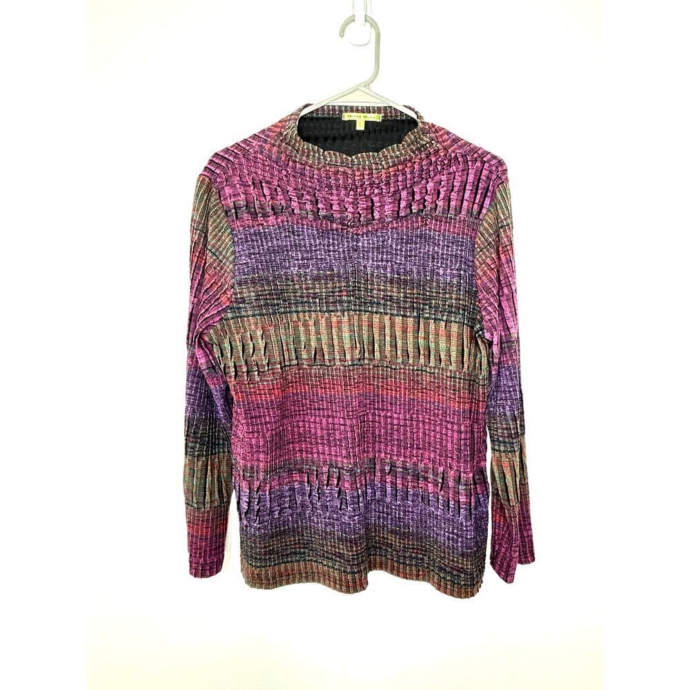 Trisha Tyler Women's Ruched Crinkle Top Sz L Pink Purple Artsy Whimsy Colorful